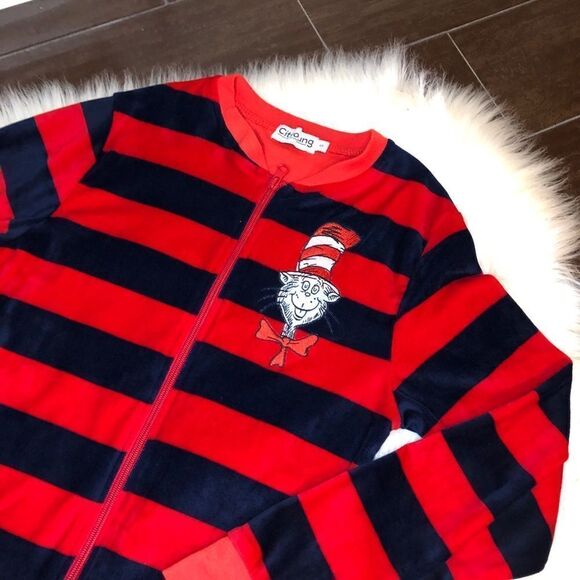 Dr. Seuss red/navy blue striped union onsie sz  small - Picture 2 of 6